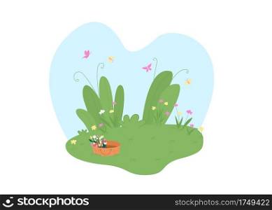 Spring garden 2D vector web banner, poster. Basket with flowers. Springtime flat scenery on cartoon background. Park with flowers and butterflies printable patch, colorful web element. Spring garden 2D vector web banner, poster