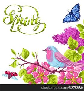 Spring garden background or greeting card. Natural illustration with blossom flower, robin birdie and butterfly. Spring garden background or greeting card. Natural illustration with blossom flower, robin birdie and butterfly.