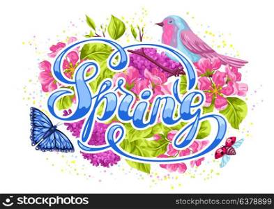 Spring garden background or greeting card. Natural illustration with blossom flower, robin birdie and butterfly. Spring garden background or greeting card. Natural illustration with blossom flower, robin birdie and butterfly.