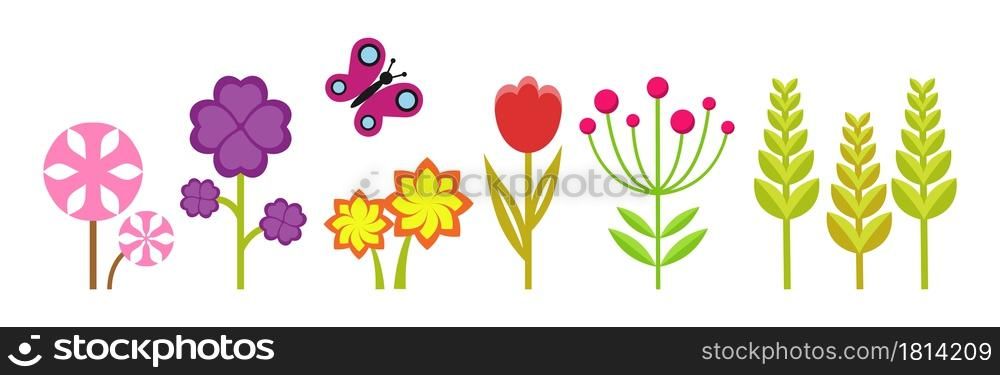 Spring garden. Cute bright flowers, meadow plants and flying butterfly. Isolated flat floral vector elements. Spring flower, floral decorative leaf illustration. Spring garden. Cute bright flowers, meadow plants and flying butterfly. Isolated flat floral vector elements