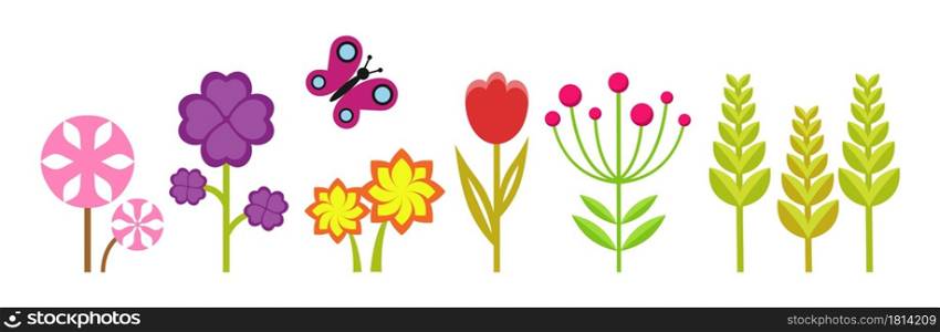 Spring garden. Cute bright flowers, meadow plants and flying butterfly. Isolated flat floral vector elements. Spring flower, floral decorative leaf illustration. Spring garden. Cute bright flowers, meadow plants and flying butterfly. Isolated flat floral vector elements
