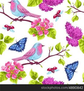 Spring garden seamless pattern. Natural illustration with blossom flower, robin birdie and butterfly. Spring garden seamless pattern. Natural illustration with blossom flower, robin birdie and butterfly.