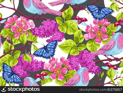 Spring garden seamless pattern. Natural illustration with blossom flower, robin birdie and butterfly. Spring garden seamless pattern. Natural illustration with blossom flower, robin birdie and butterfly.