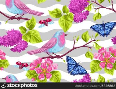 Spring garden seamless pattern. Natural illustration with blossom flower, robin birdie and butterfly. Spring garden seamless pattern. Natural illustration with blossom flower, robin birdie and butterfly.