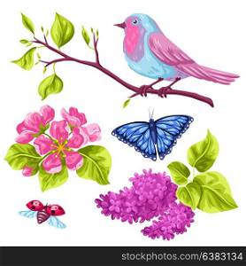 Spring garden set of objects. Natural illustration with blossom flower, robin birdie and butterfly. Spring garden set of objects. Natural illustration with blossom flower, robin birdie and butterfly.