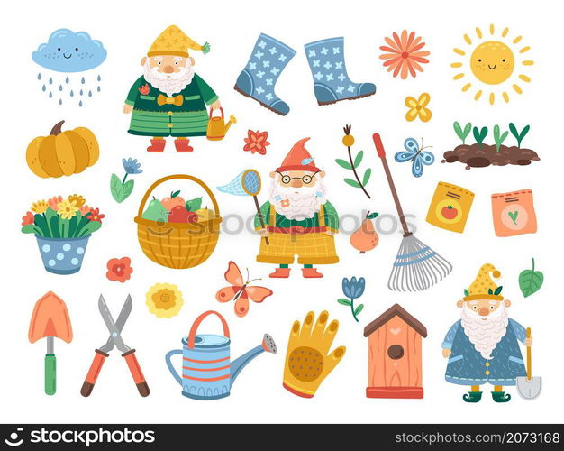 Spring gardening collection. Doodle flower, funny cute plant, birdhouse. Isolated farm tools, decorative garden gnomes exact vector set. Illustration spring gardening, gardener and tools collection. Spring gardening collection. Doodle flower, funny cute plant, birdhouse. Isolated farm tools, decorative garden gnomes exact vector set