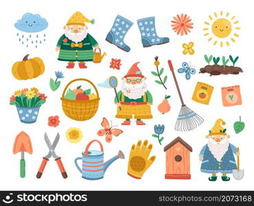 Spring gardening collection. Doodle flower, funny cute plant, birdhouse. Isolated farm tools, decorative garden gnomes exact vector set. Illustration spring gardening, gardener and tools collection. Spring gardening collection. Doodle flower, funny cute plant, birdhouse. Isolated farm tools, decorative garden gnomes exact vector set