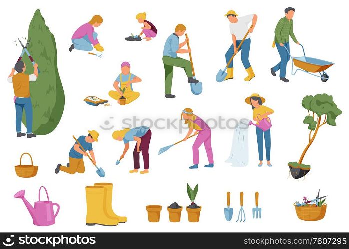 Spring gardening collection of isolated flat icons with gardening instruments ground plants and faceless human characters vector illustration