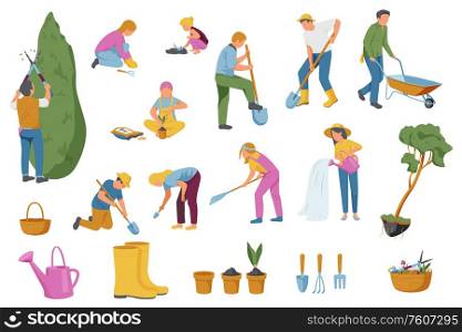 Spring gardening collection of isolated flat icons with gardening instruments ground plants and faceless human characters vector illustration