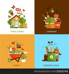 Spring gardening design concept set with plants and tools flat icons isolated vector illustration. Gardening Design Concept