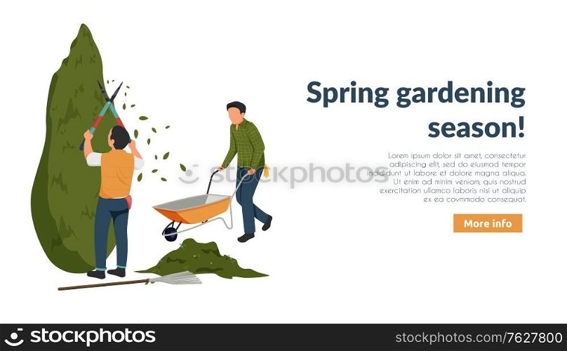 Spring gardening flat background with editable text more info button and characters of gardeners at work vector illustration