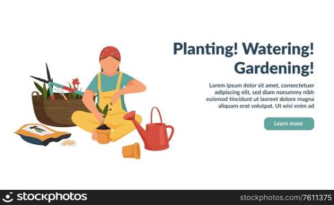 Spring gardening flat background with faceless character of woman growing plant in pot with editable text vector illustration