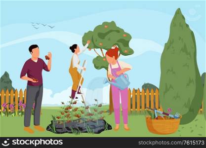 Spring gardening flat background with outdoor landscape and garden with different flowers plant fruits and people vector illustration