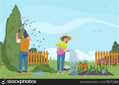 Spring gardening flat composition with characters of gardeners working in outdoor garden scenery with growing vegetables vector illustration