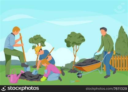 Spring gardening flat composition with faceless characters of gardeners with digging instruments and outdoor garden landscape vector illustration