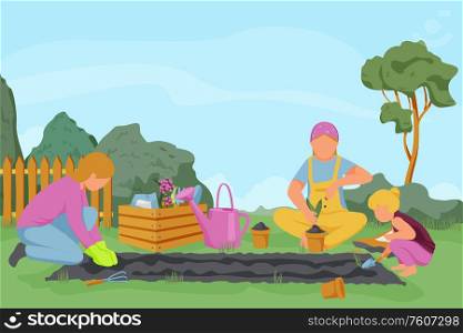 Spring gardening flat composition with outdoor landscape and people of different age weeding ground growing plants vector illustration