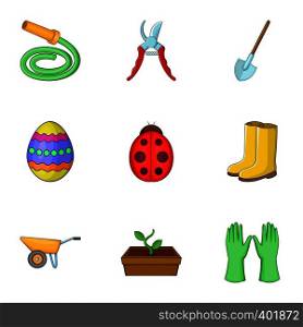 Spring gardening icons set. Cartoon illustration of 9 spring gardening vector icons for web. Spring gardening icons set, cartoon style