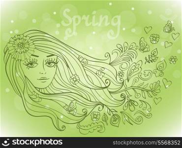 Spring girl portrait with blooming flowers and butterflies in her hairs vector illustration