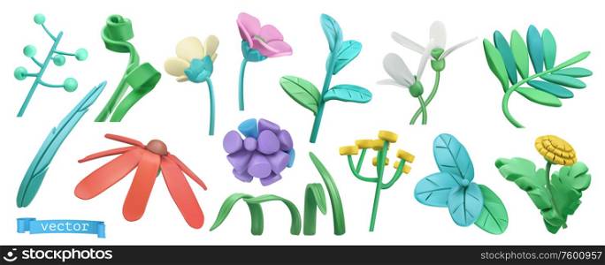 Spring grass and flowers. Cartoon. 3d vector icon set