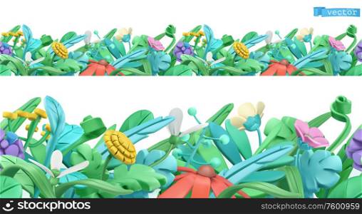 Spring grass and flowers. Cartoon. 3d vector seamless pattern