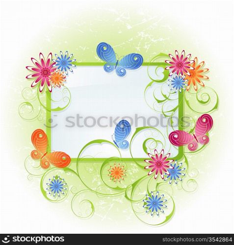 Spring green background with flowers and butterflies