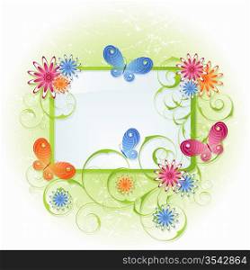 Spring green background with flowers and butterflies