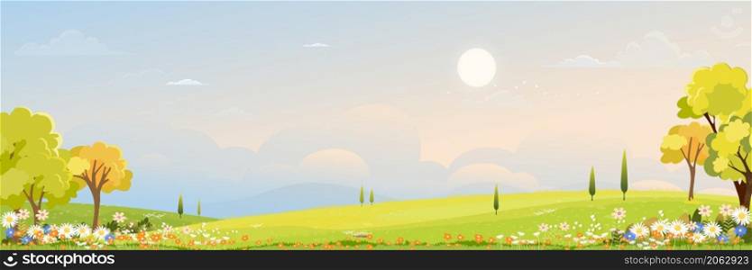 Spring green fields landscape orang, blue sky and clouds background,Panorama peaceful rural nature in springtime with green grass land in morning. Cartoon vector for spring and summer banner