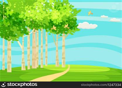 Spring green landscape at the edge of the forest, a hill. The path goes into the distance.. Spring green landscape at the edge of the forest, a hill. The path goes into the distance. Birds singing. Blue sky. Bright juicy colors. Vector, illustration, isolated. Cartoon style