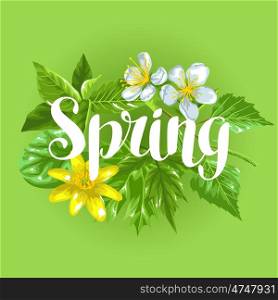 Spring green leaves and flowers. Card with plants twig buds.