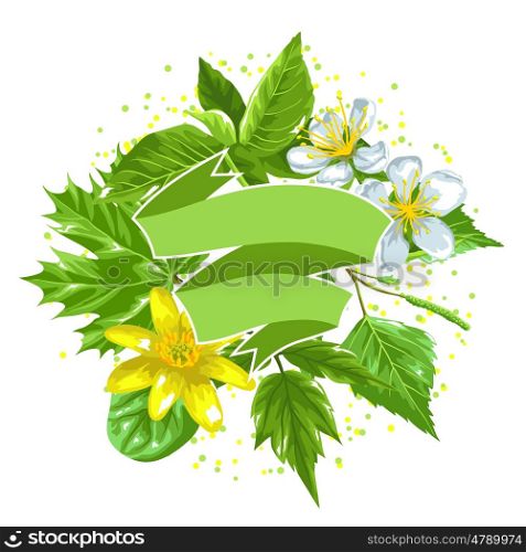 Spring green leaves and flowers. Ribbon with plants twig buds. Spring green leaves and flowers. Ribbon with plants twig buds.