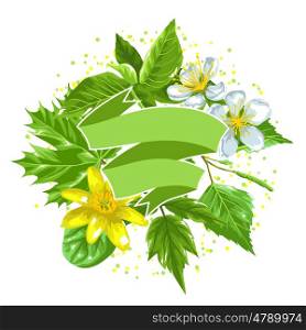 Spring green leaves and flowers. Ribbon with plants twig buds. Spring green leaves and flowers. Ribbon with plants twig buds.