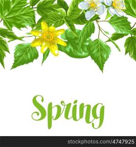Spring green leaves and flowers. Seamless border with plants, twig, bud.