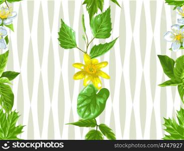 Spring green leaves and flowers. Seamless pattern with plants, twig, bud.