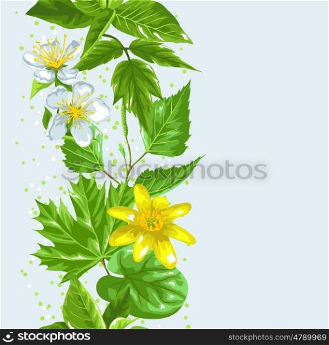 Spring green leaves and flowers. Seamless pattern with plants, twig, bud.