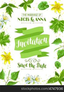 Spring green leaves and flowers. Wedding invitation with plants, twig, buds.