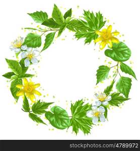 Spring green leaves and flowers. Wreath with plants twig buds.
