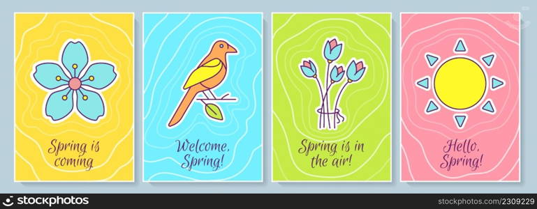 Spring greeting card with color icon element set. Springtime greetings and wishes. Postcard vector design. Decorative flyer with creative illustration. Notecard with congratulatory message. Spring greeting card with color icon element set