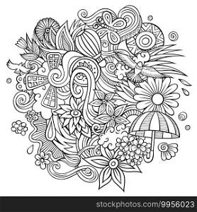 Spring hand drawn cartoon doodle illustration. Funny seasonal design. Creative art vector background. Nature elements and objects. Sketchy composition. Spring hand drawn cartoon doodle illustration. Funny seasonal design