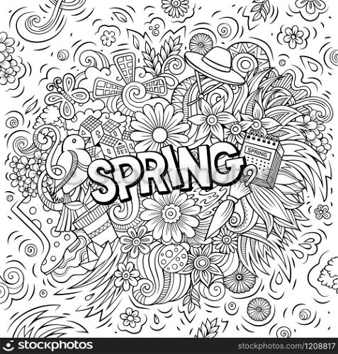 Spring hand drawn cartoon doodles illustration. Funny seasonal design. Creative art vector background. Handwritten text with nature elements and objects. Sketchy composition. Spring hand drawn cartoon doodles illustration. Funny seasonal design.