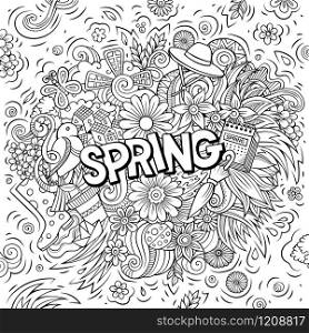 Spring hand drawn cartoon doodles illustration. Funny seasonal design. Creative art vector background. Handwritten text with nature elements and objects. Sketchy composition. Spring hand drawn cartoon doodles illustration. Funny seasonal design.