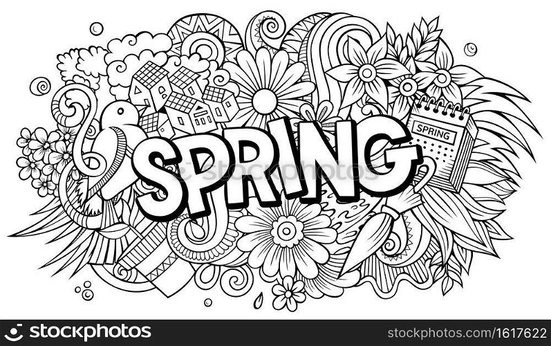 Spring hand drawn cartoon doodles illustration. Funny seasonal design. Creative art vector background. Handwritten text with nature elements and objects. Spring hand drawn cartoon doodles illustration. Funny seasonal design.