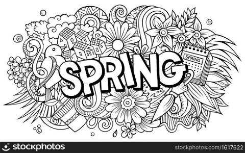 Spring hand drawn cartoon doodles illustration. Funny seasonal design. Creative art vector background. Handwritten text with nature elements and objects. Spring hand drawn cartoon doodles illustration. Funny seasonal design.