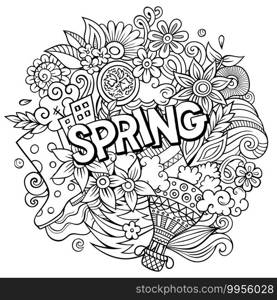 Spring hand drawn cartoon doodles illustration. Funny seasonal design. Creative art vector background. Handwritten text with nature elements and objects. Spring hand drawn cartoon doodles illustration. Funny seasonal design.