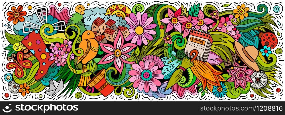 Spring hand drawn cartoon doodles illustration. Seasonal funny objects and elements poster design. Creative art background. Colorful vector banner. Spring hand drawn cartoon doodles illustration. Colorful vector banner