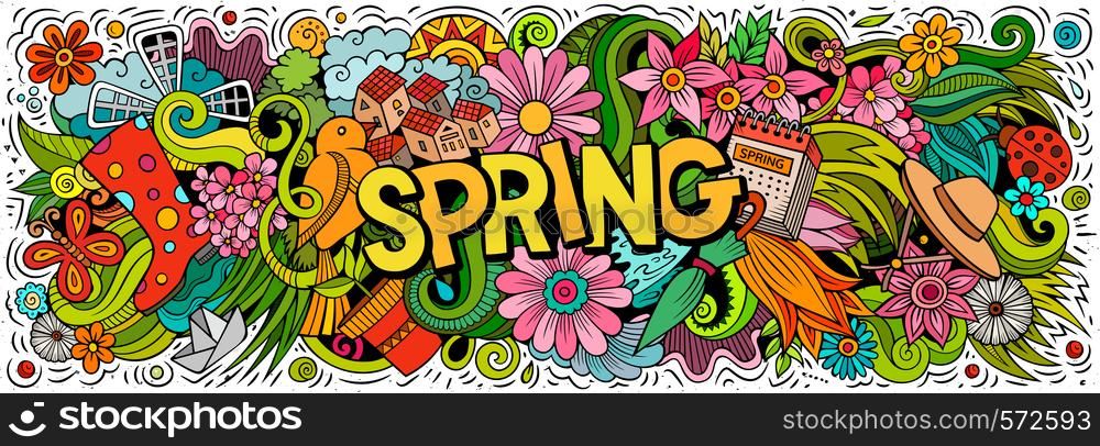 Spring hand drawn cartoon doodles illustration. Seasonal funny objects and elements poster design. Creative art background. Colorful vector banner. Spring hand drawn cartoon doodles illustration. Colorful vector banner