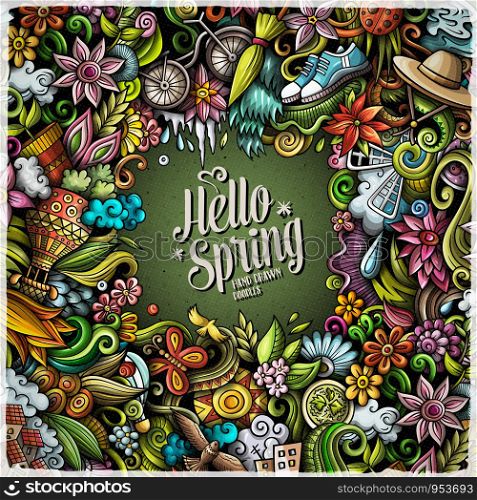 Spring hand drawn vector doodles illustration. Nature frame design. Seasonal elements and objects cartoon background. Bright colors funny picture. Spring hand drawn vector doodles illustration. Nature frame design.