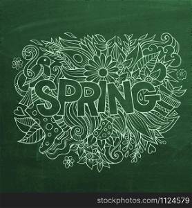 Spring hand lettering and doodles elements. chalk board illustration. Spring hand lettering and doodles elements