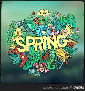 Spring hand lettering and doodles elements. Vector blurred background. Spring hand lettering and doodles elements