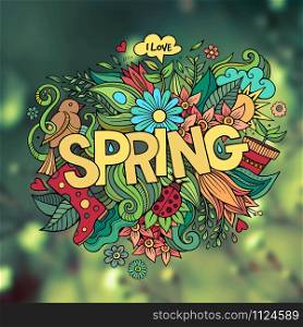 Spring hand lettering and doodles elements. Vector blurred background. Spring hand lettering and doodles elements