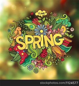 Spring hand lettering and doodles elements. Vector blurred illustration. Spring hand lettering and doodles elements